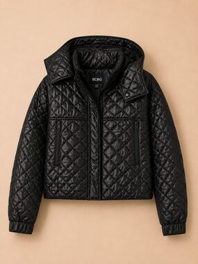 🆕️BCBG Black Quilted Cropped Puffer Jacket Women’s L Hooded Zip Coat
